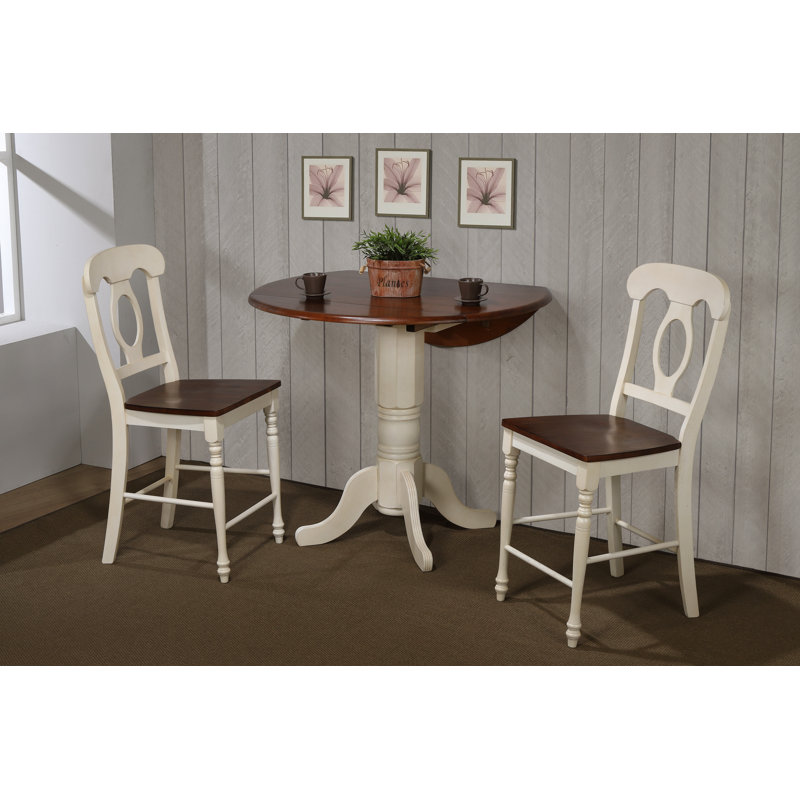 Azizi Solid Wood Solid Wood Top Pedestal Dining Set, Antique White/Chesnut