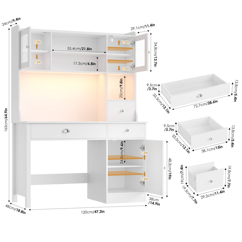 Bureau d'ordinateur en bois l 47,2 po avec huche et éclairage à DEL, blanc, Blanc   