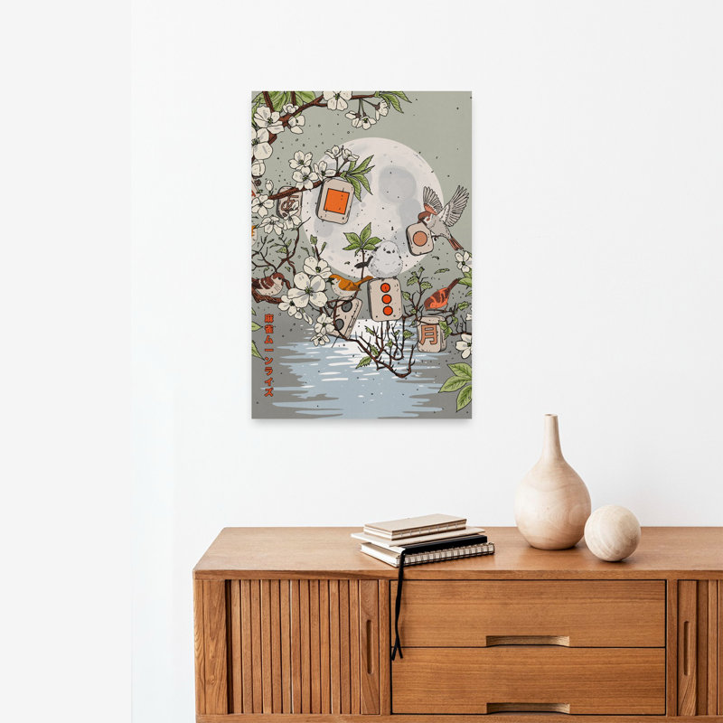 Moonlit Mahjong And Birds Peaceful Serene Abstract Bird Cherry Nature Spring Wall Art Print 1 Piece Wrapped Canvas Wall Art