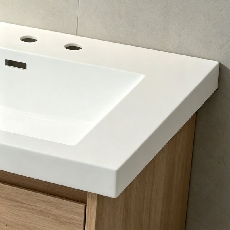 Meuble-lavabo en résine 60 po pour salle de bain, avec lavabos doubles encastrés rectangulaires, trous de robinet de 8 po, comptoir de meuble-lavabo seulement, blanc éclatant