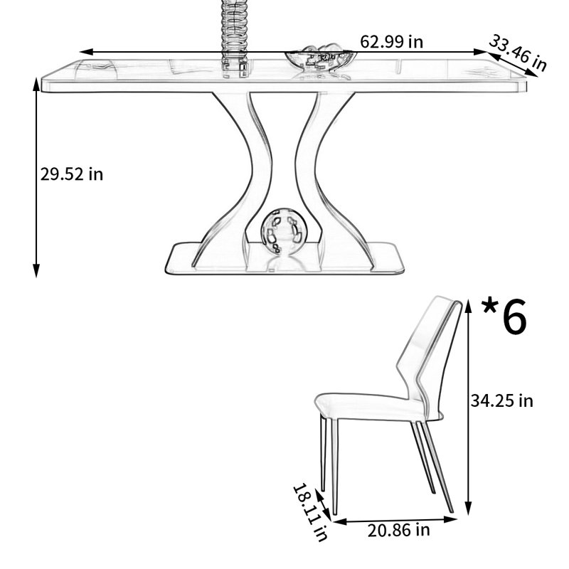 Ensemble de table et chaises rectangulaires haut de gamme, H 29,52 po x L 62,99 po x l 33,46 po