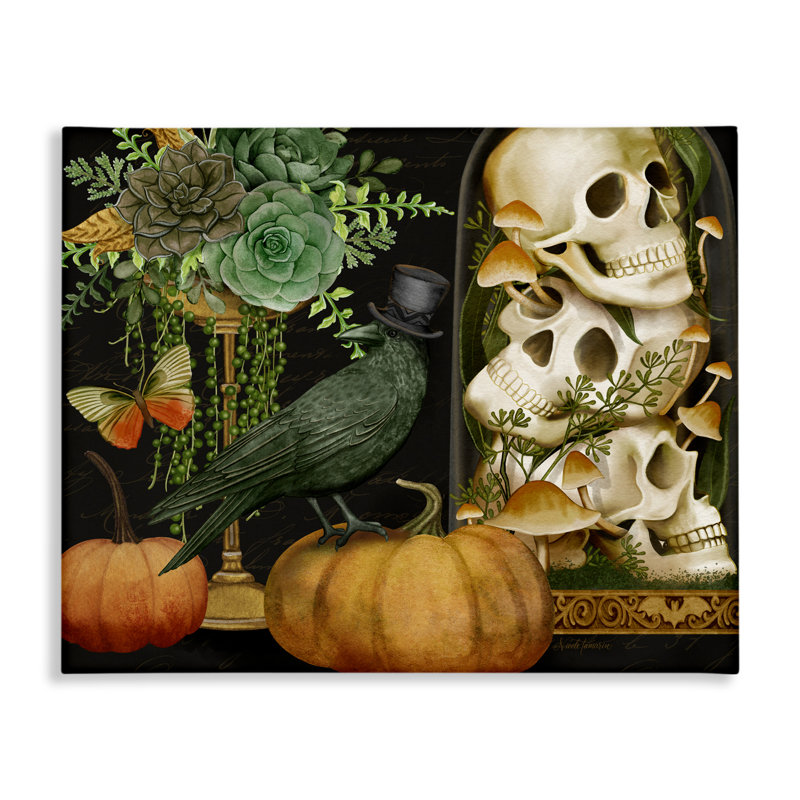 Corbeau et crânes sur toile, par Nicole Tamarin, H 16 po x l 20 po