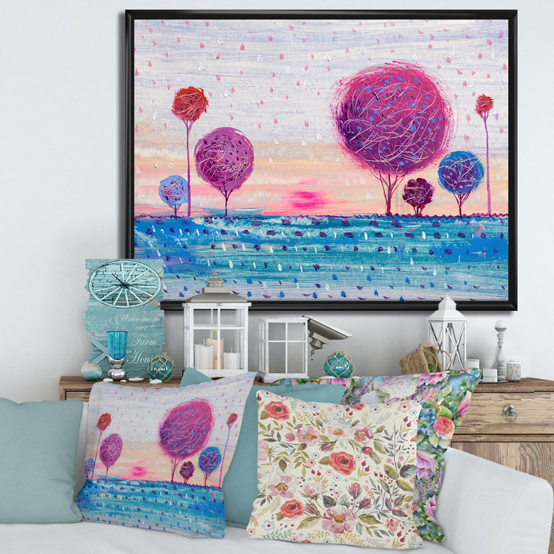Impression d'arbre de couleur mauve II - peinture sur toile, H 16 po x l 32 po x p 1 po, Cadre flottant noir