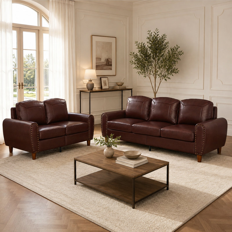 Ensemble de canapés Cavrissane 2 pièces 5 places en similicuir respirant avec accoudoirs roulés cloutés et coussins à ressorts ensachés
