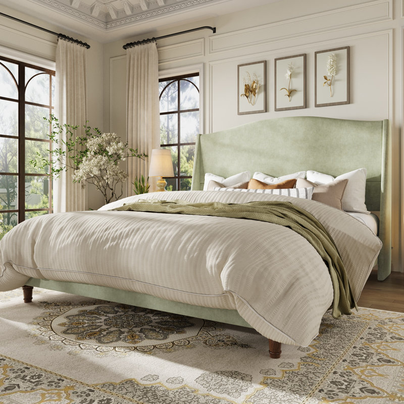 Lit plateforme tapissier, tête de lit haute et pieds en bois massif, aucun sommier requis, King, Sage Green