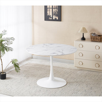 5-Piece Round Dining Set with White-Toned Marble-Look Table and 4 Chairs for Home Bar or Kitchen