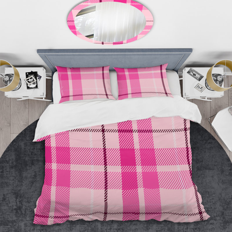 Pink Checked Tartan - Abstract Duvet Cover Set - Microfiber Polyester, King Duvet Cover + 2 King Shams