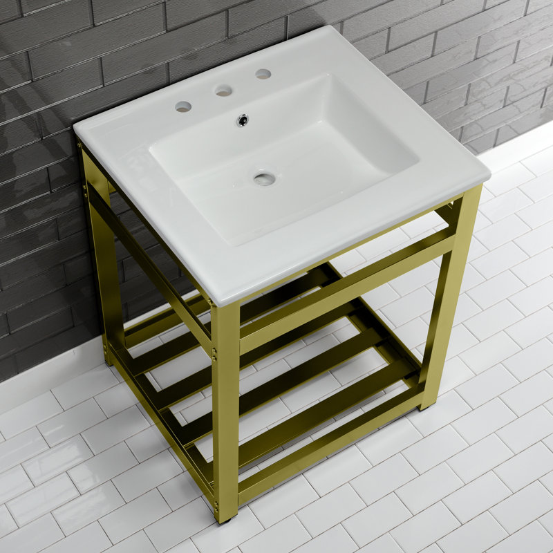 Kingston Brass Quadras 25-Inch Ceramic Console Sink with Stainless Steel Base and Shelf, 8" Centers, White/Brushed Brass