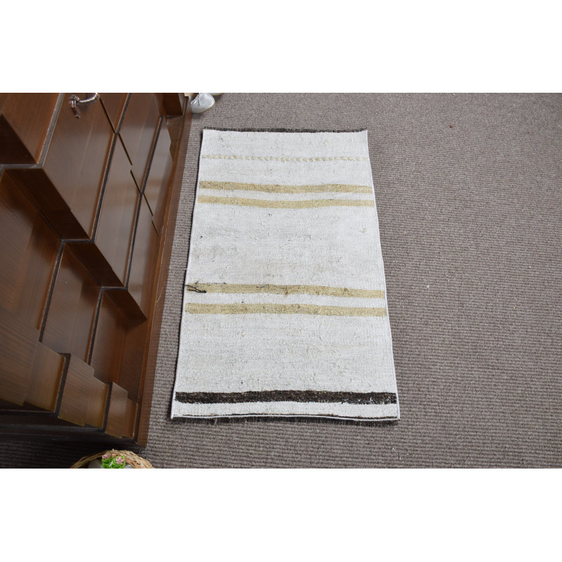 Authentic Vintage Turkish Flat Weave Rug in Beige with Bohemian Striped Design Ideal for Entryways
