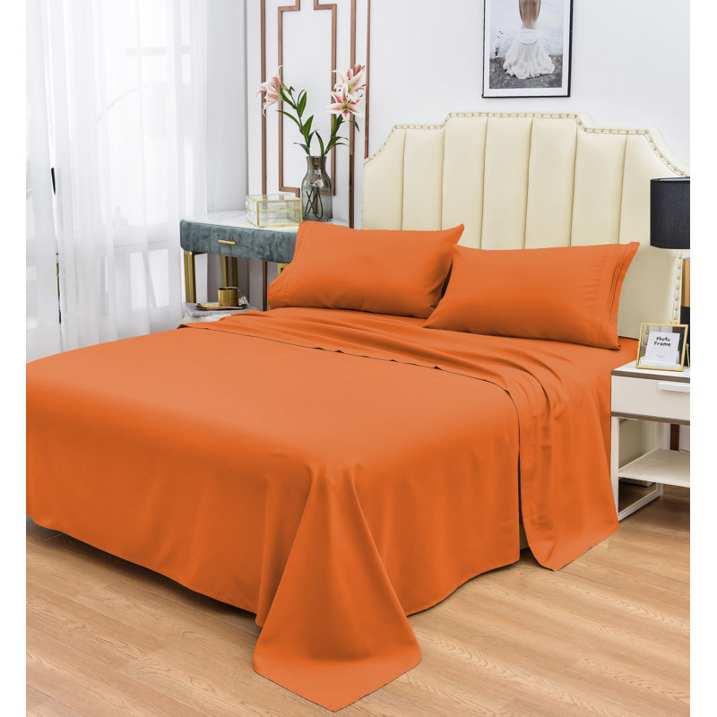  Ensemble de draps 1800 fils en rayonne de bambou, Simple, Orange brûlé
