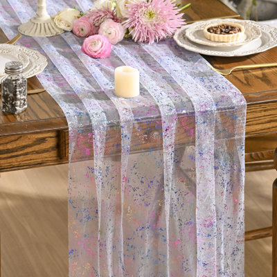 6PCS Colorful Gold Gauze Table Runner 120 Inch 10FT, Glitter Metallic Foil Sheer Dining Wedding Anniversary Holiday Birthday Table Decor for Home Party