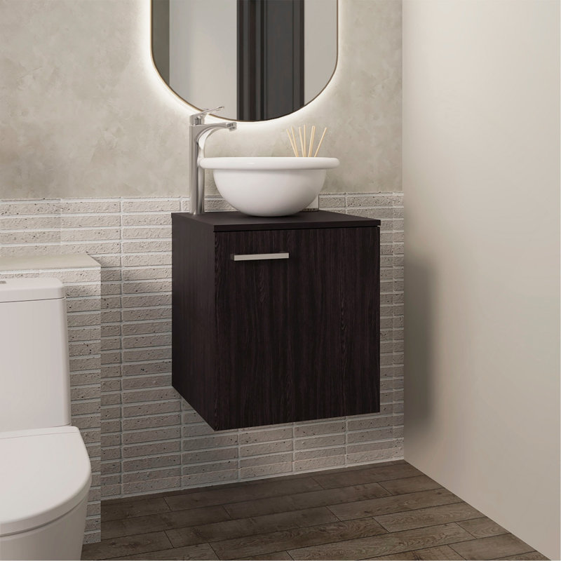 Meuble-lavabo flottant à une porte, avec lavabo vasque et une tablette, rangement pour salle de bain, noir