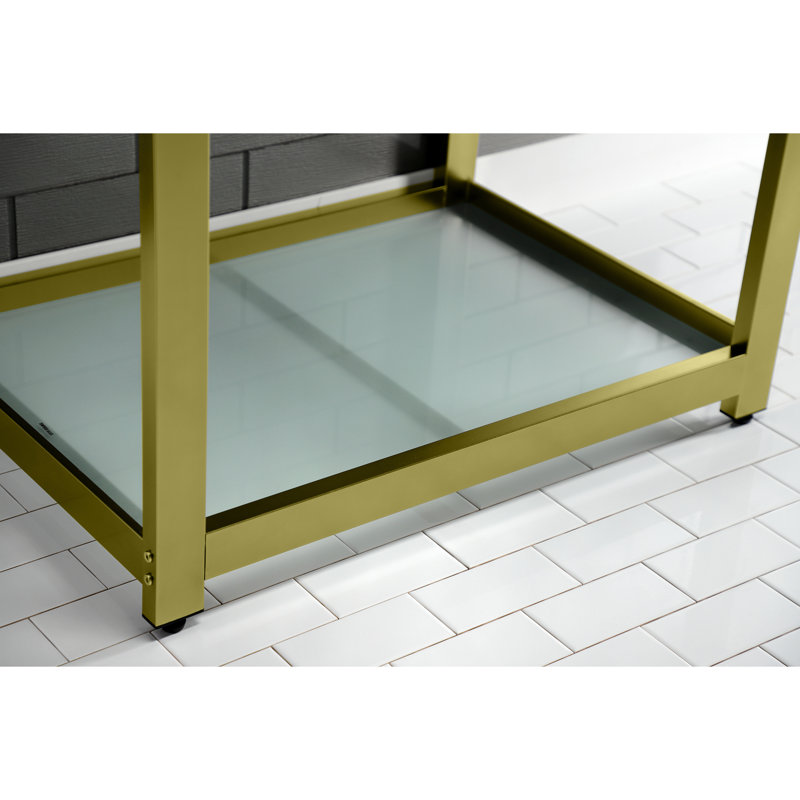 Kingston Brass Quadras 31-Inch Ceramic Console Sink with Steel Base and Glass Shelf, Single, White/Brushed Brass
