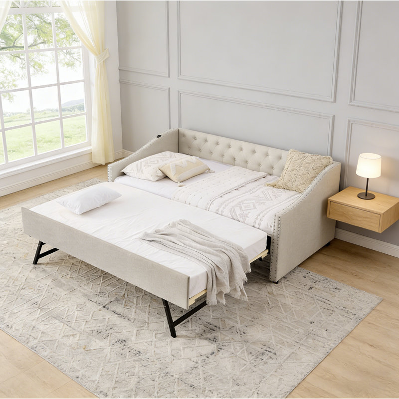 Twin Size Daybed with USB Charging & Pull-out Extendable Bed, with Button on Back and Copper Nail on Waved Shape Arms (81"x42"x30.75")