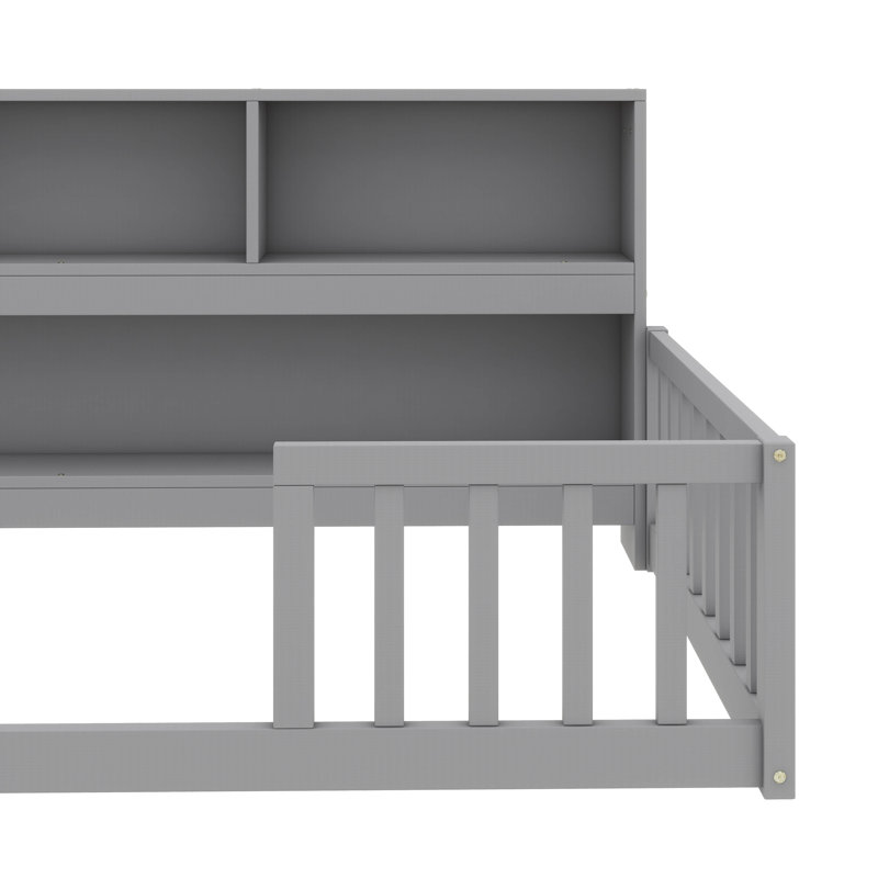 Lit simple simple avec bibliothèque, diverses tablettes de rangement et garde-corps, Gris