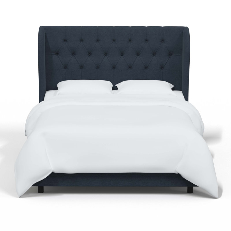Lit tapissier capitonné standard à profil bas Tomey, Très grand, Lin bleu marine classique