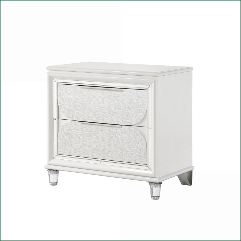 Table de chevet 2 tiroirs Pearl White avec pieds en cristal acrylique