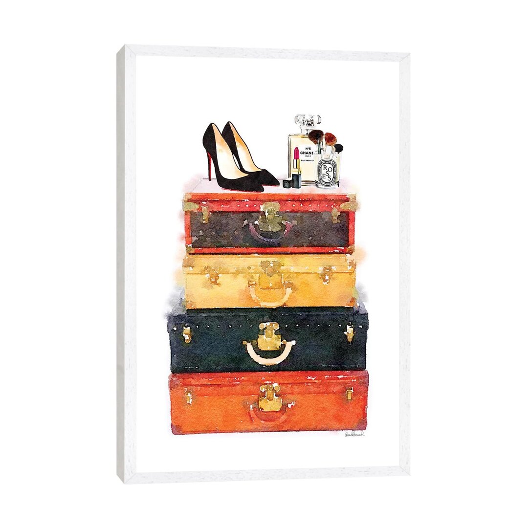 Gerahmtes Leinwandbild Luggage Stack Shoes Makeup Station von Amanda Greenwood