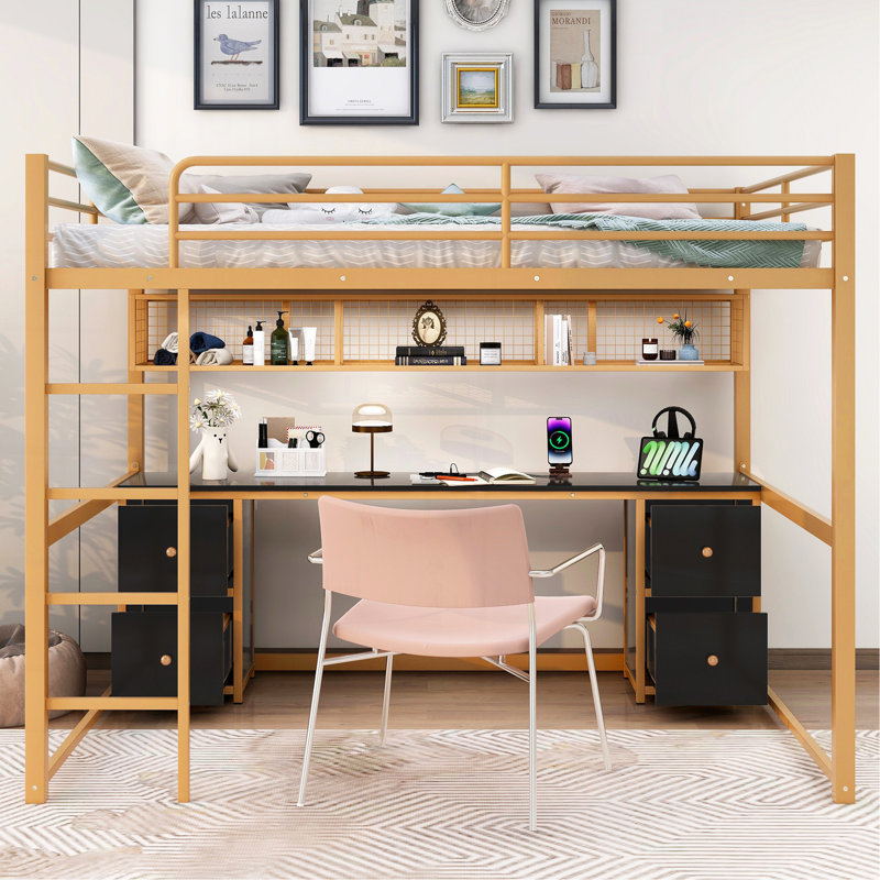 Lit mezzanine double en métal avec bureau