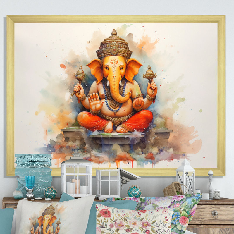 Éléphant vibrant d'Hinduisim II, H 24 po x l 32 po x P 1 po, Cadre doré simple