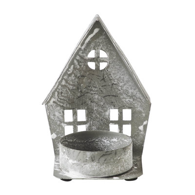 Festive Finds Tealight Holder Metal Village House F Antique Grey 3x2.75x2