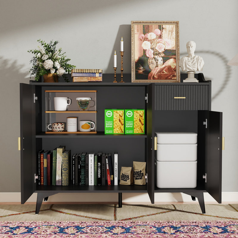 47" Sideboard Buffet, Modern 4 Doors Credenza Storage Cabinets with Adjustable Shelves