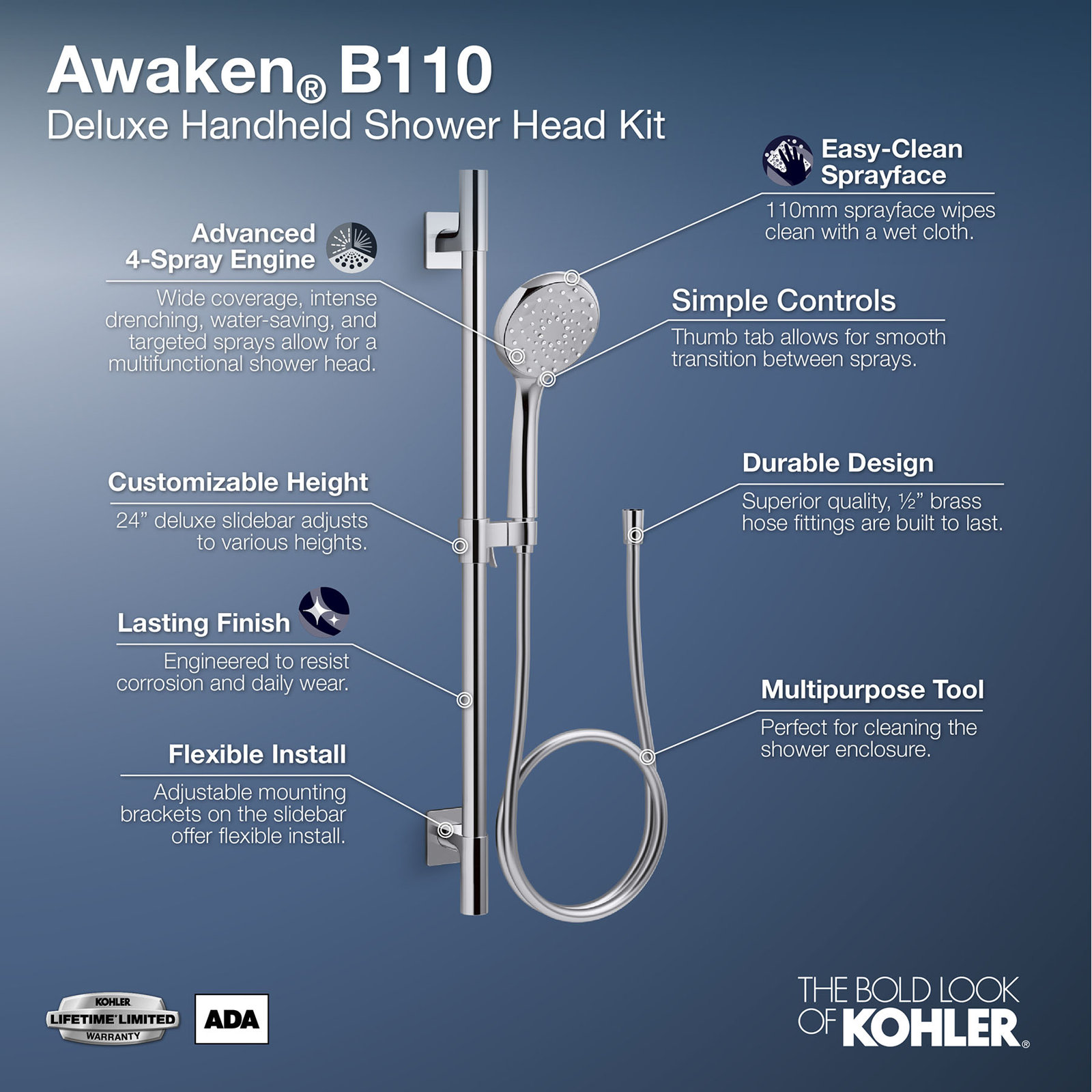Awaken B110 Multifunction Slide Bar Shower Head, Polished Chrome