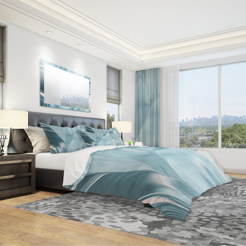 Blue Modern Water I - Modern Transitional Duvet Cover Set - Microfiber Polyester, Full/Queen Duvet Cover + 2 Shams