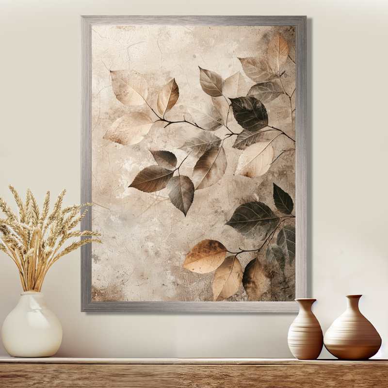 «Taupe Leaves Mosaic Collage IV», art mural floral, H 44 po x l 34 po, Impression encadrée, Silver