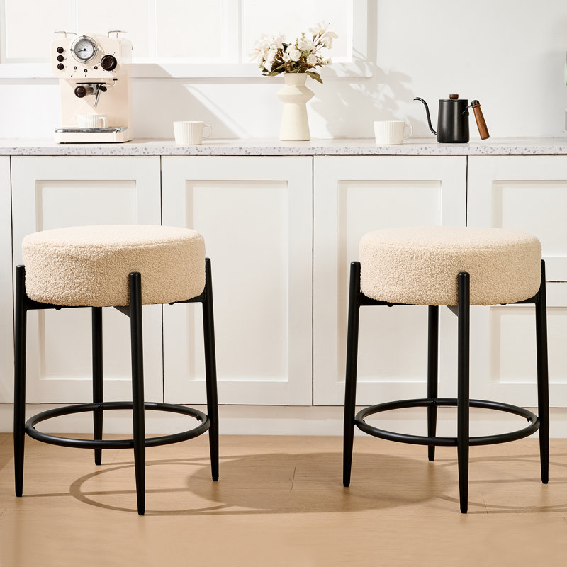 Modern Dining Chair Set, 23.6" Counter Height Stools with Round Soft Padded Boucle Backless Seat, Beige