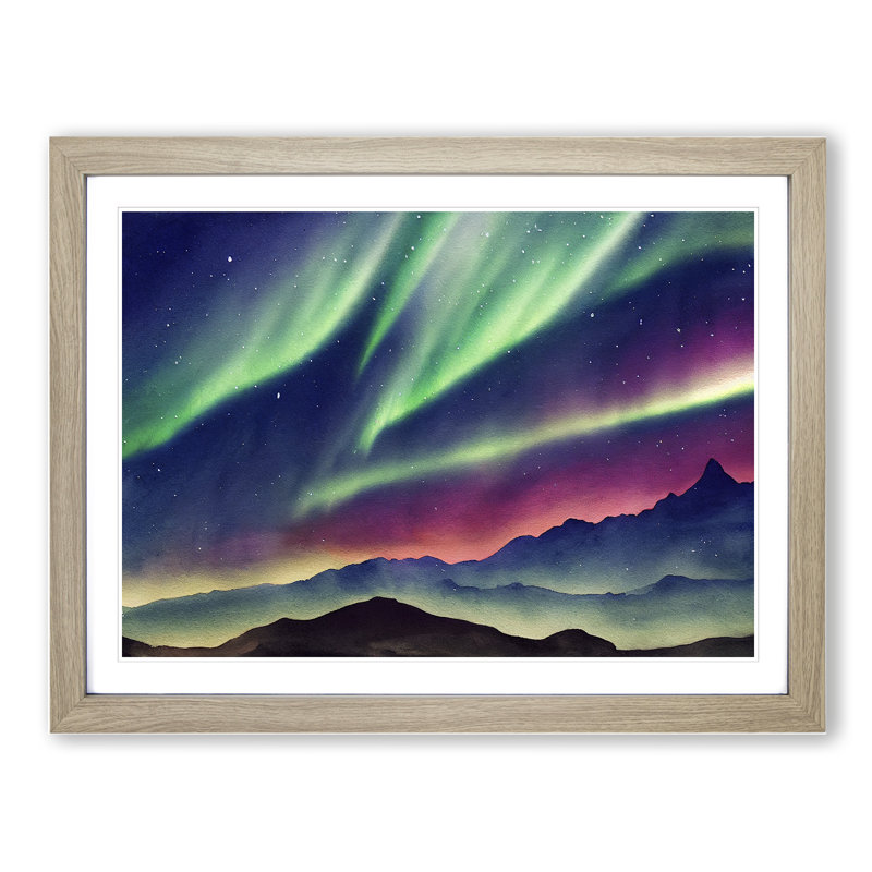 Watercolour Aurora Borealis Vol.6 - Single Picture Frame Painting, Oak Framed, 46cm H x 64cm W x 2cm D