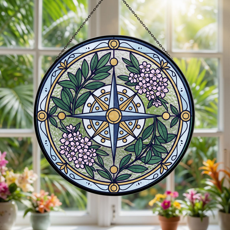 Panneau de vitrail en verre coloré Compass, 7,8 heures, H 7,8 po