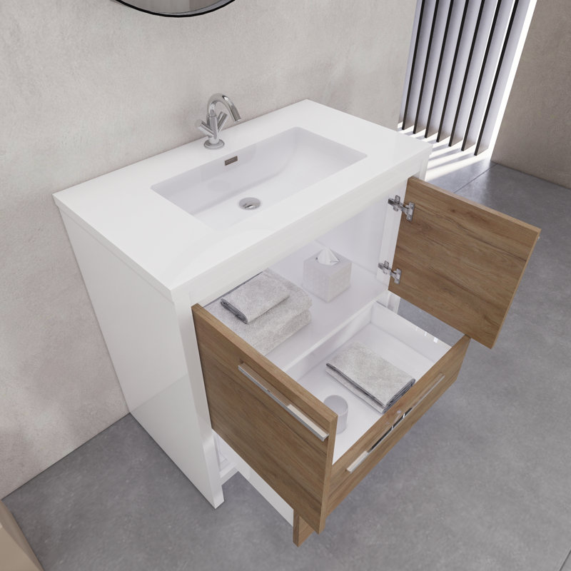 Ensemble de meuble-lavabo simple 35,5 ", Blanc brillant / teck