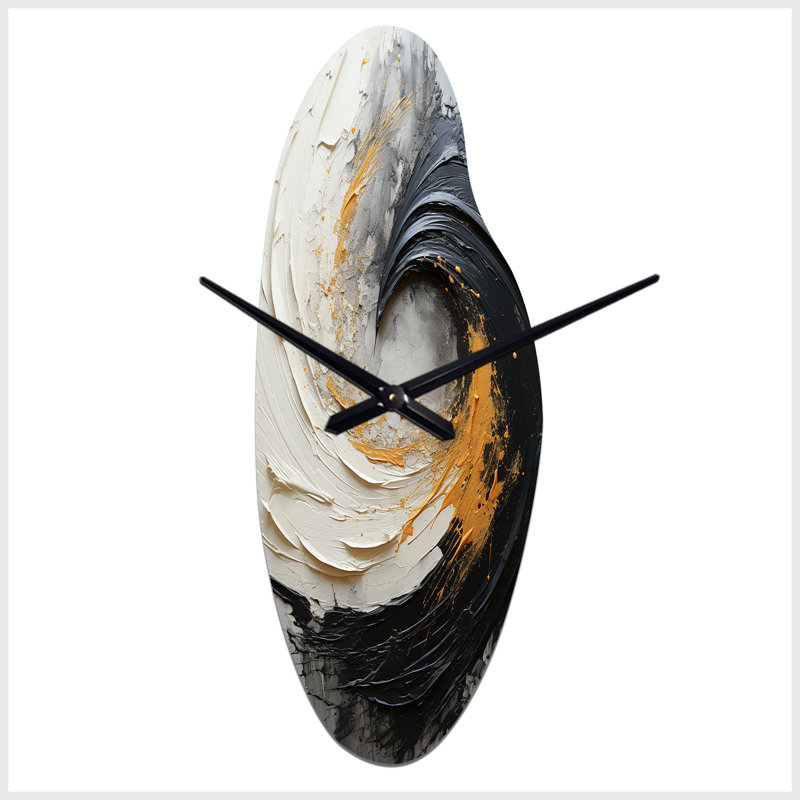 Infinite Motion IV - Horloge murale abstraite spirales abstraites en métal, impression asymétrique jaune, Médium