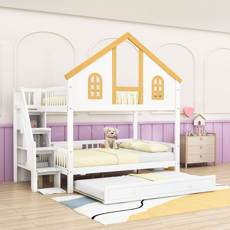 Wooden Bunk Bed with Storage Staircase and Trundle, Full