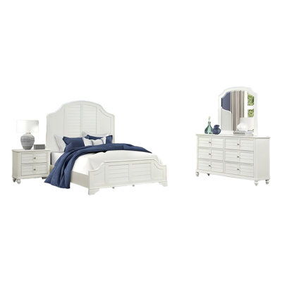 Ensemble de chambre à coucher grand lit 4 pièces Kyna, tête de lit à persiennes courbée, blanc antique
