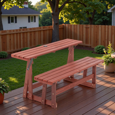 2-in-1 Convertible Bench Picnic Table with Backrest and Umbrella Hole