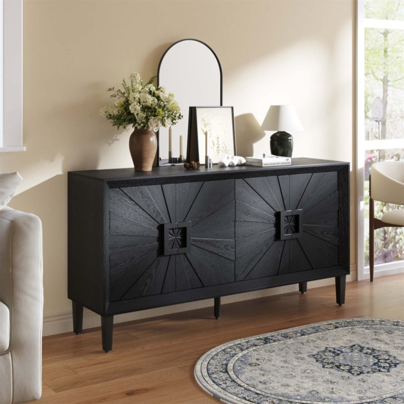 60 Inch Premium Rustic American Farmhouse Credenza with Symmetrical Sunburst Doors, Heavy-Duty TV Stand and Adjustable Shelves