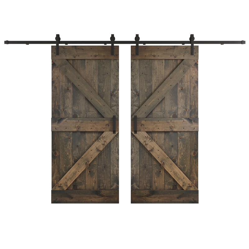 K Series Pine Wood Double Sliding Barn Door with Hardware Kit, 84" H x 36" W, Aged Barrel