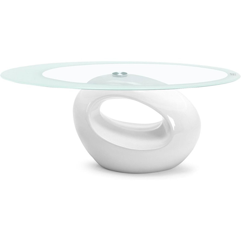 Maxaya The Modern Glass Coffee Table For The Living Room Is An Oval Glass Table Set With A Glossy Solid Base And Tempered Glass Top For Storage. It Is Available In White Color.