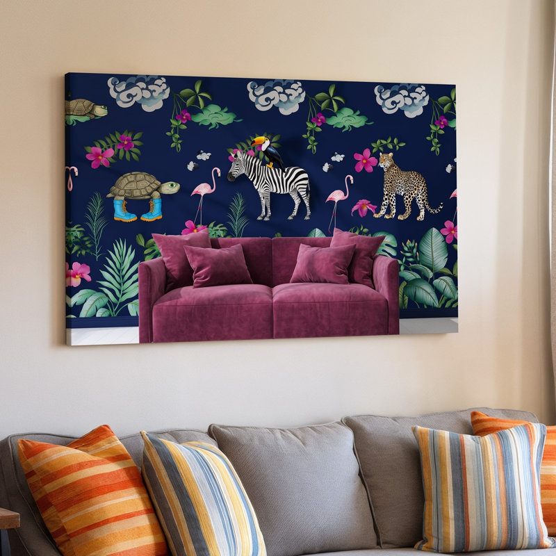 Toile, papier peint sur le thème de la jungle vibrante avec un fond d'art mural bleu marine riche orné d'illustrations complexes d'art mural exotique sur toile