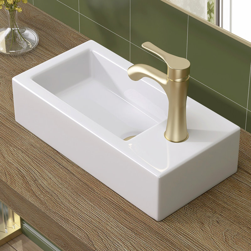 Petit lavabo de salle de bain, mini vasque rectangulaire à montage mural de 15 po x 7 po pour vestiaire de salle d'eau, conception flottante peu encombrante, lavabo en céramique blanche facile à nettoyer (à droite)