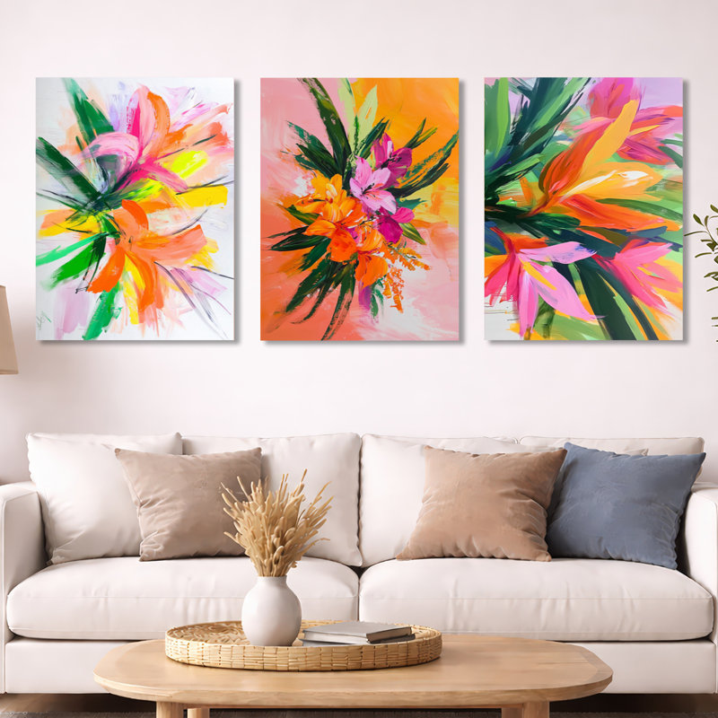 Tropical Bouquet of Palms - Botanical 3 panneaux, impression murale en métal, 32" H x 72" W