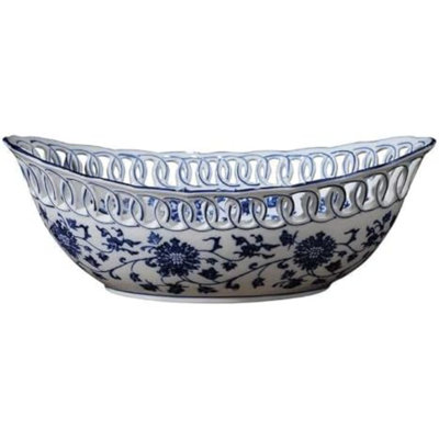 Blue and White Porcelain Fruit Bowl, Hand Painted Floral Retro Hollow Ceramic Fruit Tray Plate Dish, Colander, Chinoiserie Oval Decorative Candy Serving Basket for Housewarming