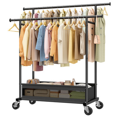 Portant à vêtements sur roulettes double autoportant 47 "avec panier de rangement et roulettes