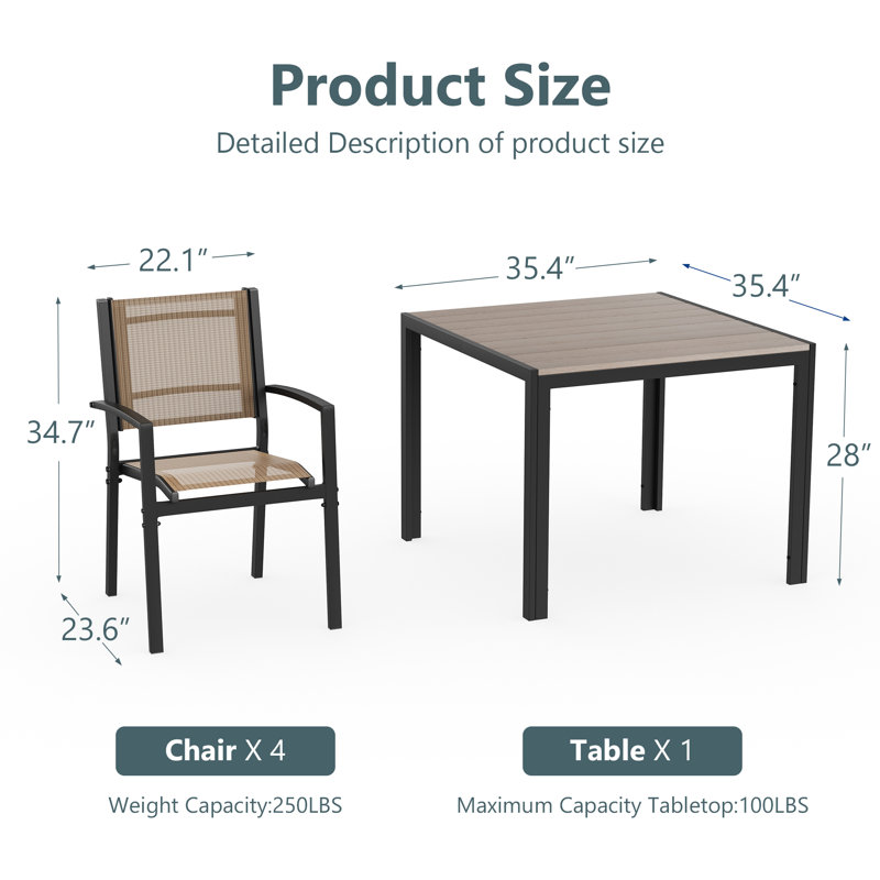 Ensemble de chaises de bistro 5 pièces en polyester enduit de PVC avec table de salle à manger, Taupe