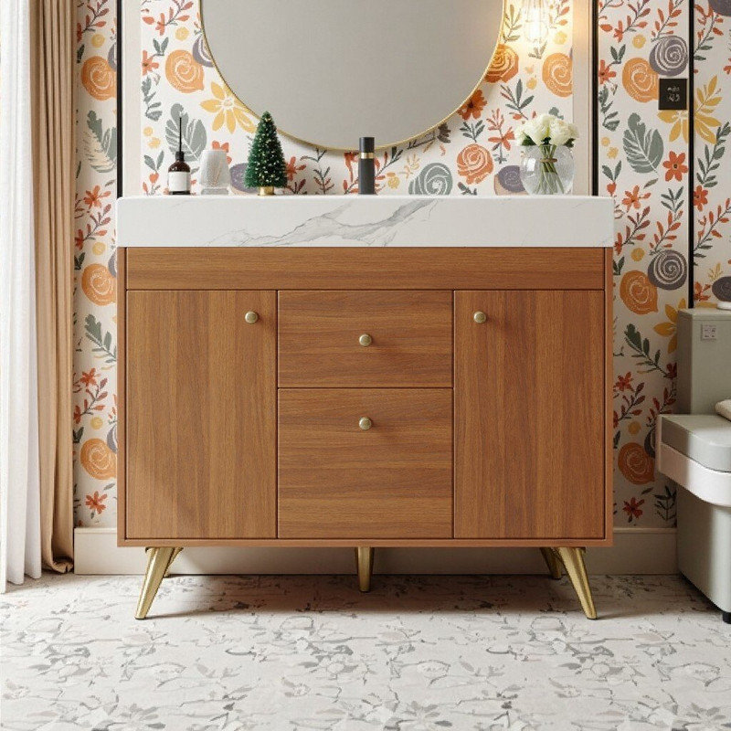 Meuble-lavabo autoportant de 36 pouces avec plateau en pierre frittée, lavabo en céramique et rangement intelligent