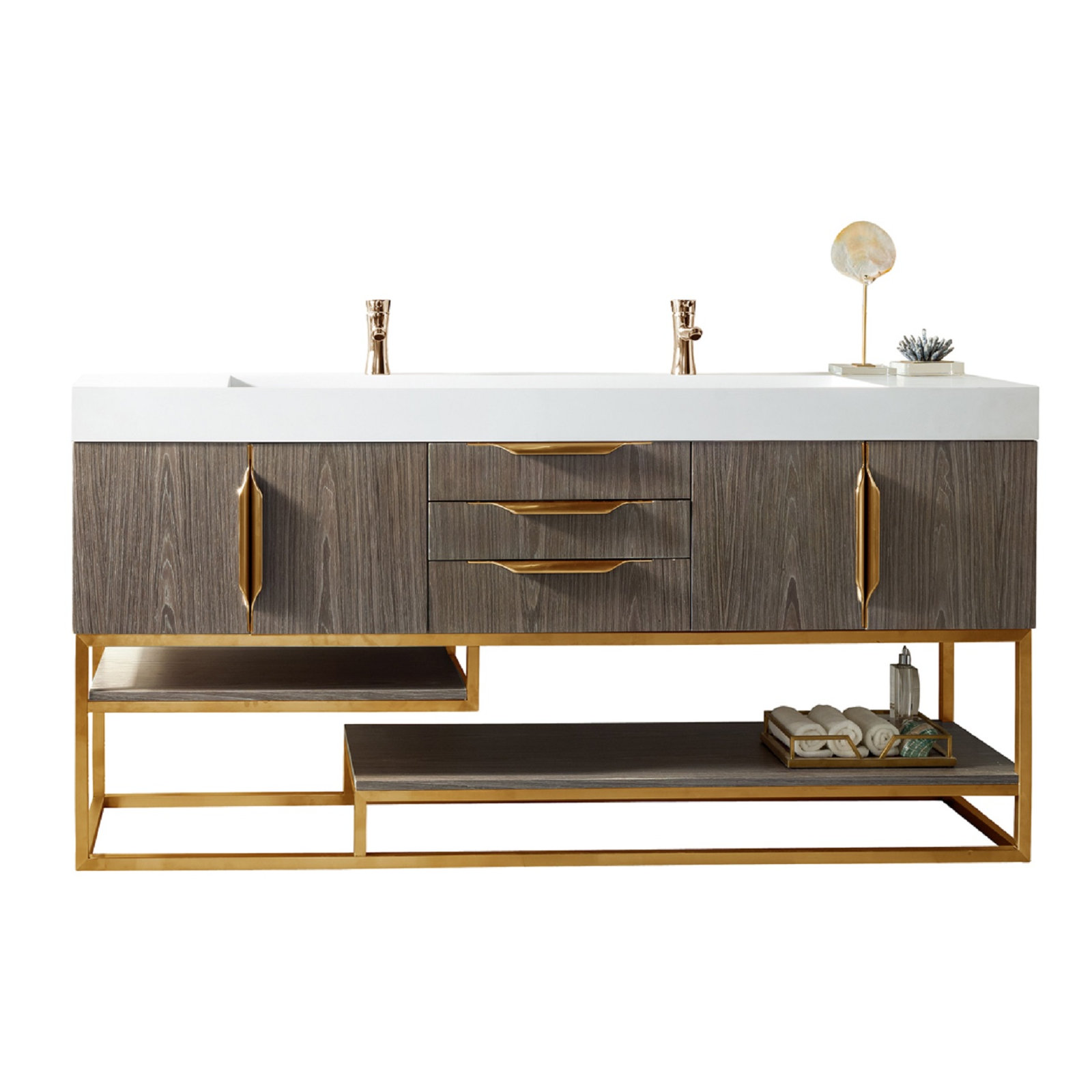 Samorah 72" Double Bathroom Vanity Set, Radiant Gold, Ash Gray 1