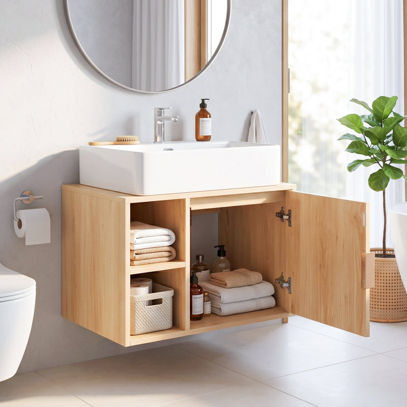 Meuble-lavabo mural 24 po en chêne avec lavabo en céramique à 1 porte, Chêne