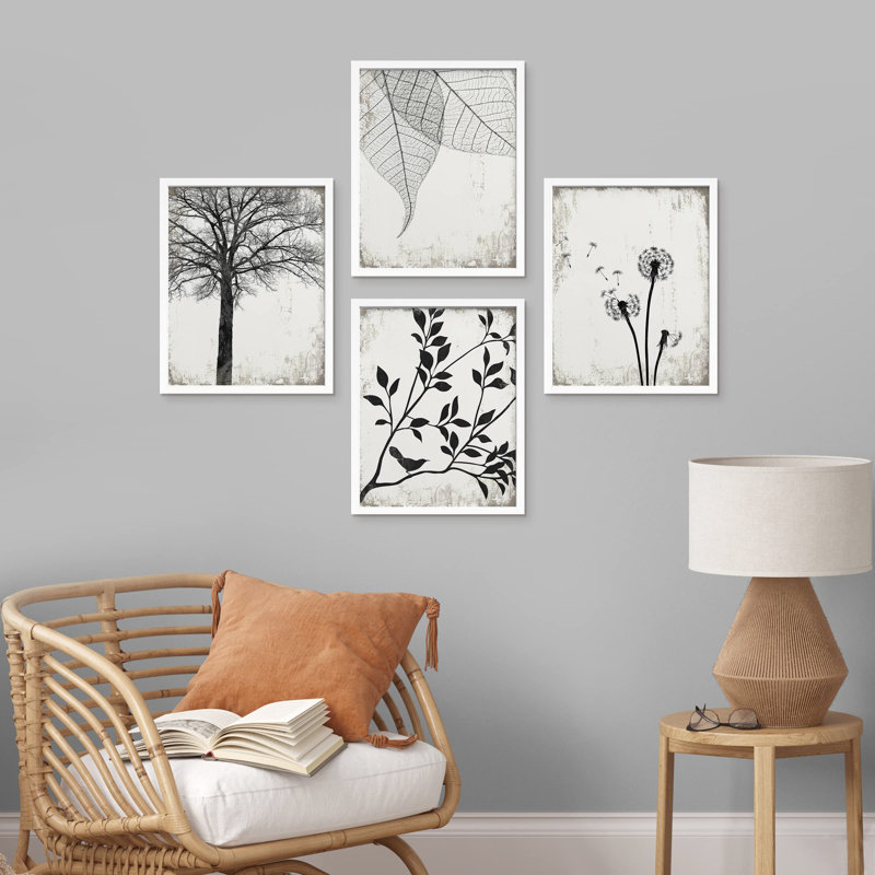 «Black and White Forest Tree Leaf Dandelion», reproduction imprimée sur papier, 4 pièces, Blanc, H 14 po x l 11 po